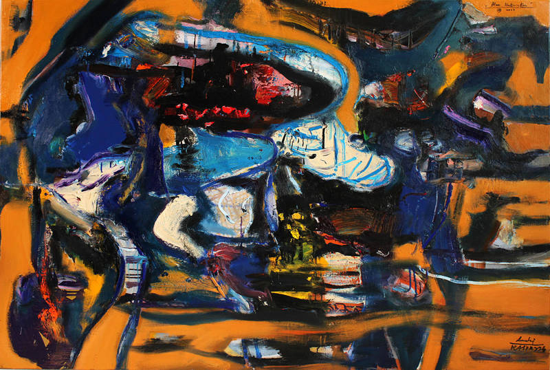 Andrzej Kasprzak Blue kukuryku, oil,oil,pastel,oil impasto,spray on canvas,100x160cm,2023 #AK50